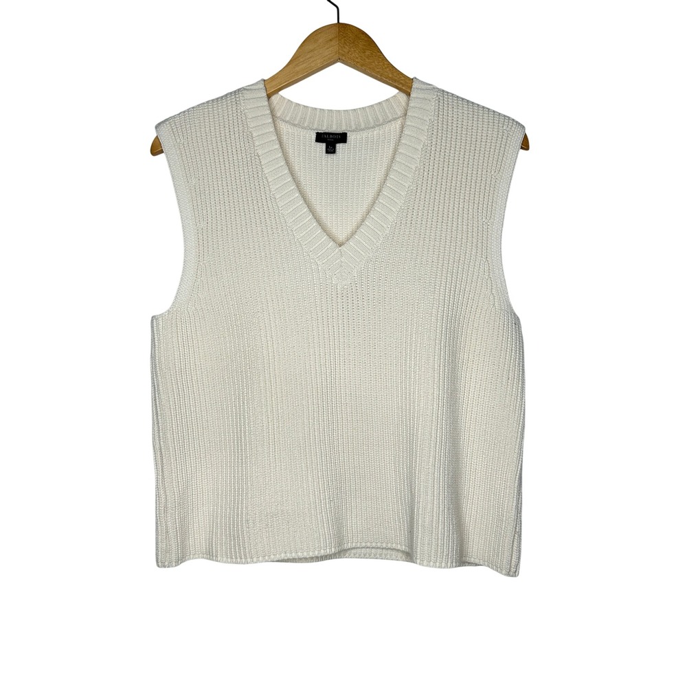 Talbots Sweater Vest V-Neck Size PL Cream Knit Shaker Stitch Cotton Blend Preppy